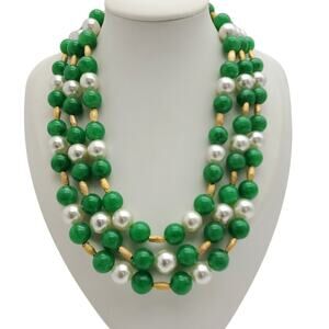 Vtg Triple Strand Jadeite Green Beaded Pearl Gold Tone Statement Choker Necklace